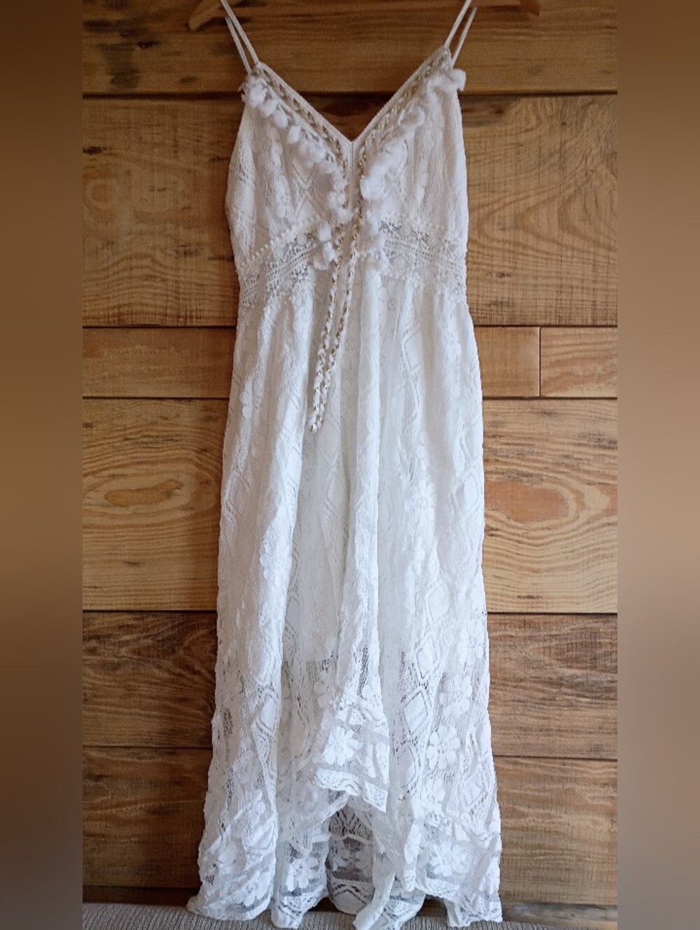 Coastal Beachy White Lace Midi Dress with Spaghetti Straps And Tassel Details